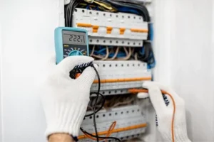 a close up of a Highland Park electrician wearing white safety gloves testing an electrical panel with a voltmeter electrical testing tool